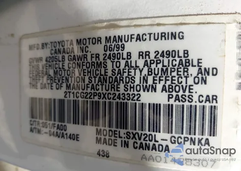 1999 Toyota Camry Solara Se из США, поврежденный, VIN 2T1CG22P9XC243322